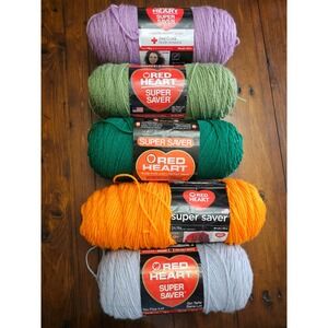 Red Heart Super Saver Yarn Lot 5 Skeins Worsted Orchid Green Pumpkin Grey E300